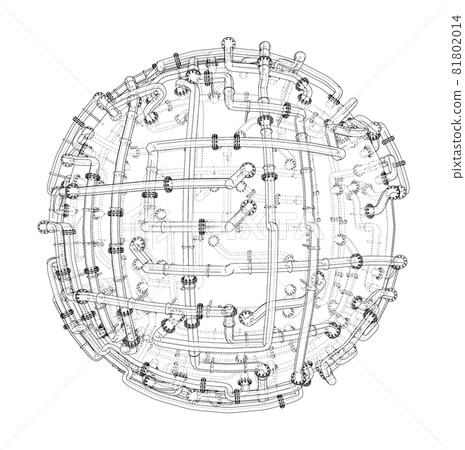 Pipes with flanges around a large sphere. Vector 81802014