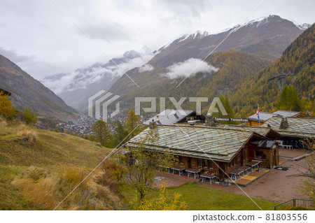 Zermatt, Switzerland-October 21, 2019:View of The Old Building on Furi cable car station in autumn and rainny day. at furi village ,Zermatt ,Switzerland. 81803556