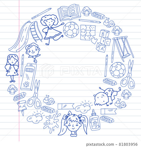 Children play with toys in the kindergarten. Kids playground. Education, creativity, imagination. Children play with toys in the kindergarten. Kids playground. Education, creativity, imagination. 81803956