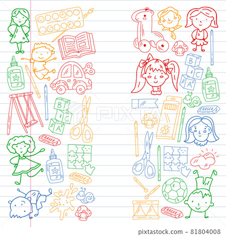 Children play with toys in the kindergarten. Kids playground. Education, creativity, imagination. Children play with toys in the kindergarten. Kids playground. Education, creativity, imagination. 81804008