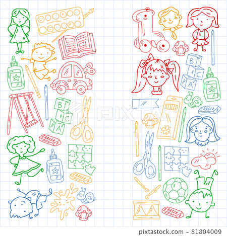 Children play with toys in the kindergarten. Kids playground. Education, creativity, imagination. Children play with toys in the kindergarten. Kids playground. Education, creativity, imagination. 81804009