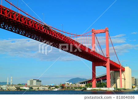 Wakato Ohashi, a red suspension bridge over Dokai Bay Wakato Ohashi, a red suspension bridge over Dokai Bay 81804086