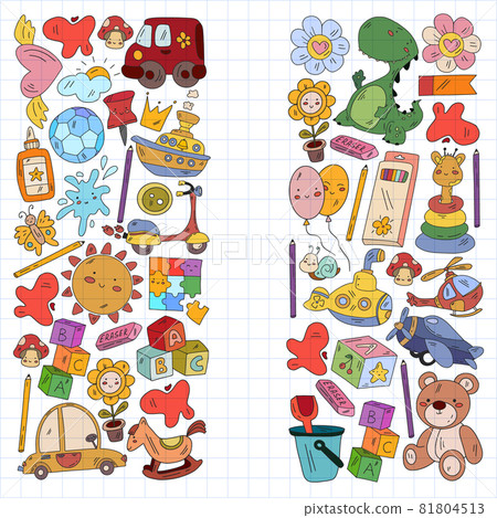 Children play with toys in the kindergarten. Kids playground. Education, creativity, imagination. Children play with toys in the kindergarten. Kids playground. Education, creativity, imagination. 81804513