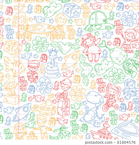 Children play with toys in the kindergarten. Kids playground. Education, creativity, imagination. Children play with toys in the kindergarten. Kids playground. Education, creativity, imagination. 81804576