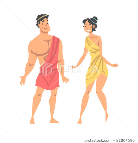 Greek or Hellene Man and Woman Character in Ethnic Chiton Clothing Vector Illustration 81804596