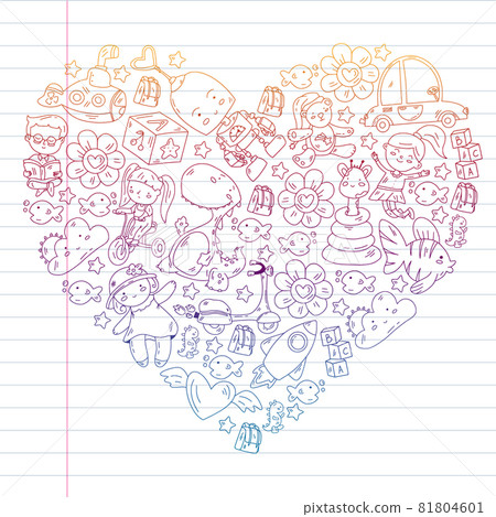 Children play with toys in the kindergarten. Kids playground. Education, creativity, imagination. Children play with toys in the kindergarten. Kids playground. Education, creativity, imagination. 81804601