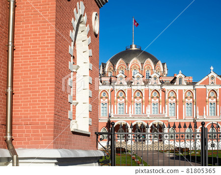 view from street of old Petrovsky Traveling (Driveway) Palace on the Tver Road (Leningrad Prospect) in Moscow city in sunny autumn day 81805365