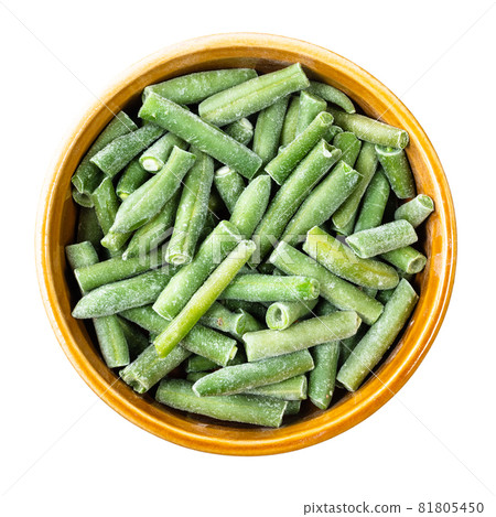 top view of cut and frozen Green Beans in round bowl cutout on white background 81805450