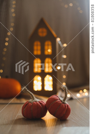 halloween and autumn cozy composition with pumpkins, october home decoration 81808358