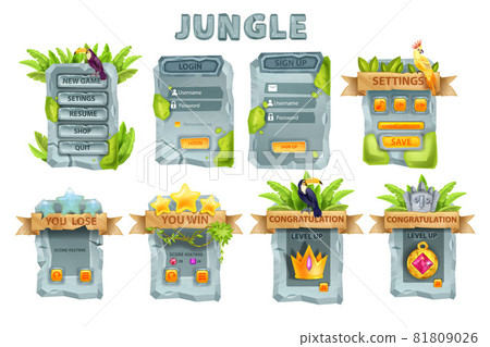 UI stone game design vector set, rock user interface button, jungle menu panel kit, login signboard 81809026
