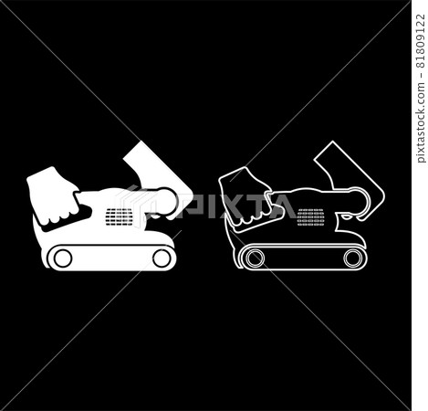 Belt sander in hand holding tool use Arm using circular sheet Electric orbital instrument icon white color vector illustration flat style image set 81809122