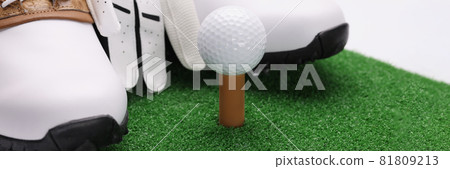 Sports shoes with gloves and golf ball lying on green grass closeup 81809213