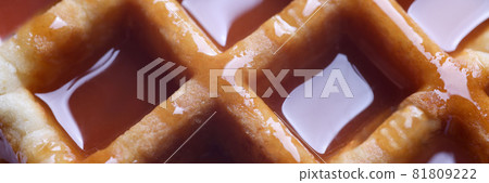 Fresh waffle with stewed honey. Making sweets at home closeup Fresh waffle with stewed honey. Making sweets at home closeup 81809222