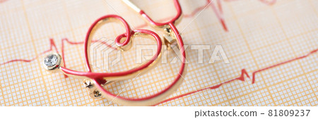 Little toy stethoscope lying on electrocardiogram closeup Little toy stethoscope lying on electrocardiogram closeup 81809237