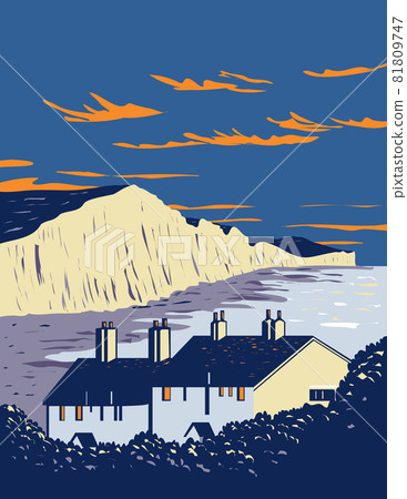 Seven Sisters Chalk Cliffs by English Channel Within South Downs National Park in Southern England UK Art Deco WPA Poster Art 81809747
