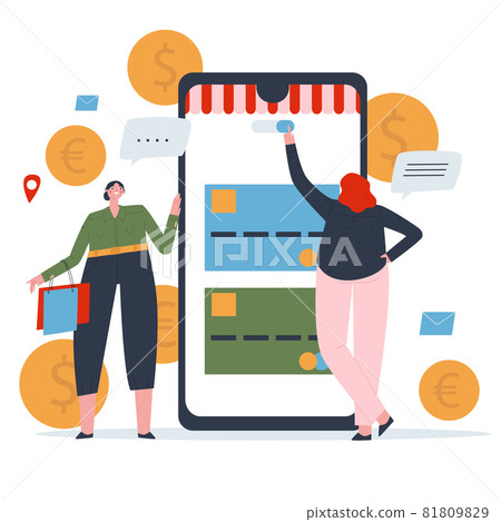 A girl pays for a purchase on her phone. A friend with bags is standing next to her. Online shopping concept. Flat vector illustration. . Vector illustration A girl pays for a purchase on her phone. A friend with bags is standing next to her. Online shopping concept. Flat vector illustration. . Vector illustration 81809829