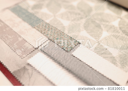 Closeup of samples of upholstery fabrics in store 81810011