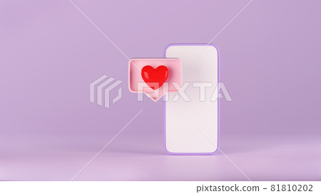 3d render of smartphone with love icon in pastel pink speech bubble box. Notification element in social media, symbol of love, adding in favorite. Concept of communication in social network 3d render of smartphone with love icon in pastel pink speech bubble box. Notification element in social media, symbol of love, adding in favorite. Concept of communication in social network 81810202