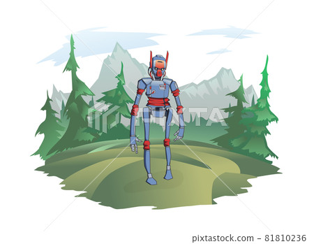 A humanoid robot stands against the background of a mountain landscape. Android in the wild nature, a post-apocalyptic plot. Vector illustration, isolated on white. 81810236