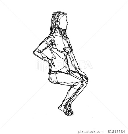 Female Human Figure Model Posing and Sitting in the Nude Looking to Side Doodle Art Continuous Line Drawing 81812584