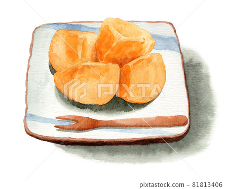 Analog watercolor peeled and cut seedless persimmon Analog watercolor peeled and cut seedless persimmon 81813406