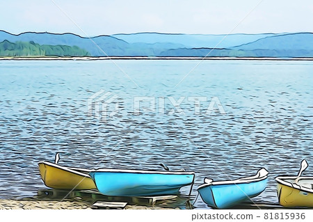 粉彩般的“舒馬里內湖，有船的風景”插圖圖像 81815936