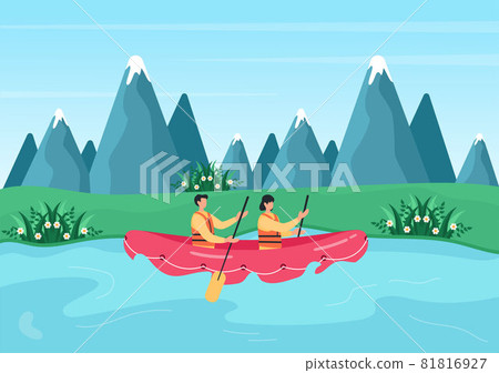 Rafting Background Flat Cartoon Vector Illustration With People do Activity Water Sports in the Middle of the Lake, Canoeing, Sitting in Boat and Holding Paddles 81816927