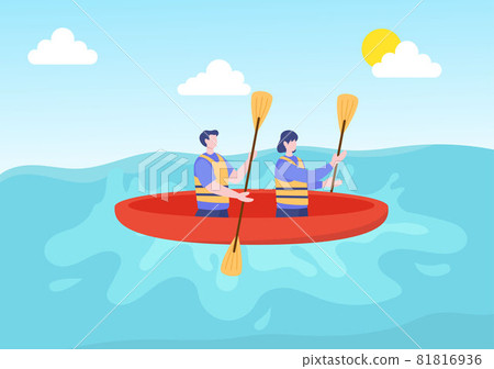 Rafting Background Flat Cartoon Vector Illustration With People do Activity Water Sports in the Middle of the Lake, Canoeing, Sitting in Boat and Holding Paddles 81816936