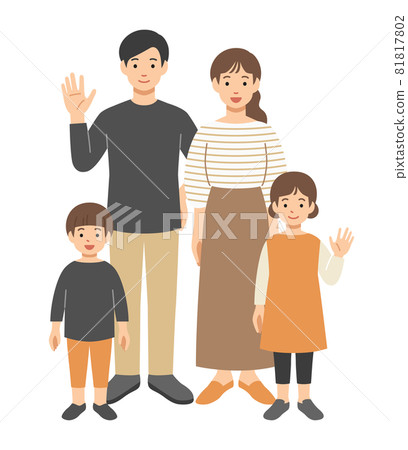 一家四口笑著揮手的全身圖 81817802