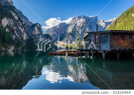 Lake Braies and Mountain Peak of Croda del Becco - Trentino Italy 81820464