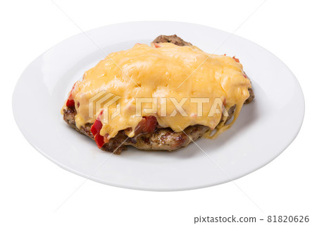 baked pig meat with vegetables and cheese, on a plate, on a white background baked pig meat with vegetables and cheese, on a plate, on a white background 81820626