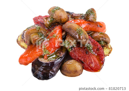 baked eggplants, sweet peppers, mushrooms and other vegetables, on a white background baked eggplants, sweet peppers, mushrooms and other vegetables, on a white background 81820713
