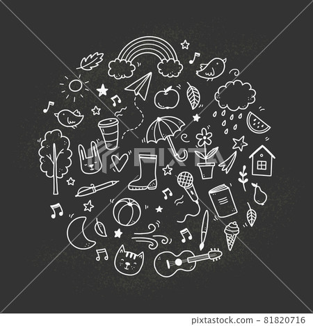 Cute chalkboard doodle with cloud, rainbow, sun, animal Cute chalkboard doodle with cloud, rainbow, sun, animal 81820716