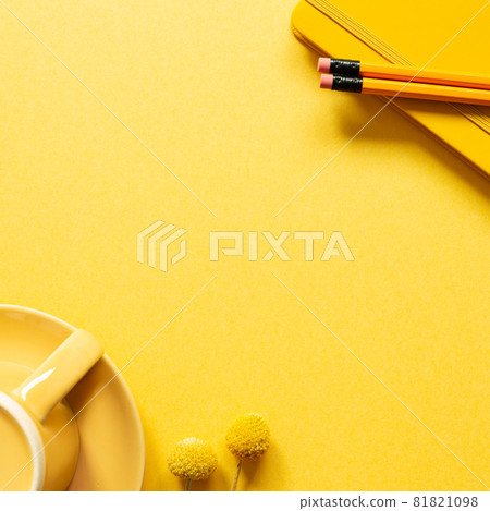 Notebook, pencil, coffee cup on yellow background. flat lay, top view, copy space. workspace Notebook, pencil, coffee cup on yellow background. flat lay, top view, copy space. workspace 81821098