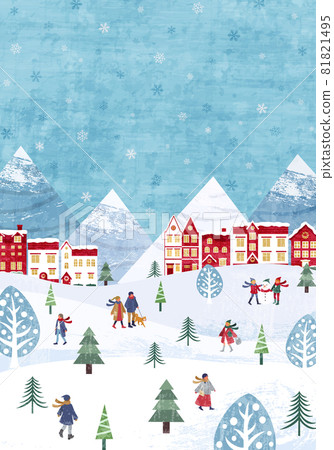 Snowy Christmas skyline and people winter vector illustration background 81821495