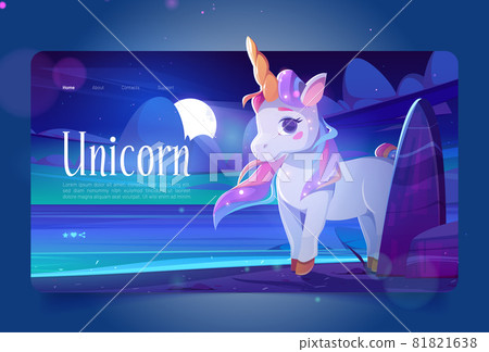 Cute unicorn at night ocean shore cartoon landing 81821638