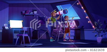 Mother and daughter look in telescope from attic Mother and daughter look in telescope from attic 81821639