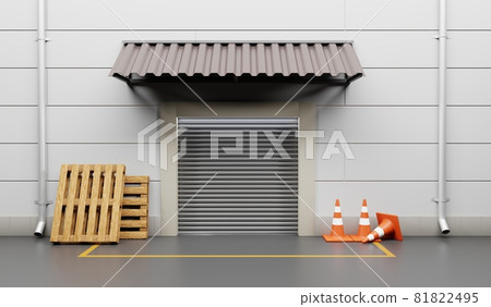 Gate warehouse with metal rolling shutter. Building front store or factory with wooden pallets and traffic cones on street. Storehouse with automatic door, yellow line road marking and awning on wall 81822495