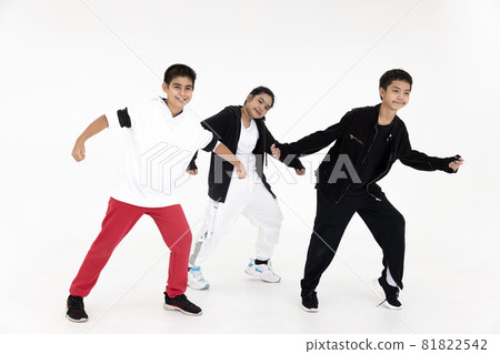 Group of Asian teen teenager dancing hiphop class. Kids enjoy dance with happy smile funny isolated on white background. 81822542