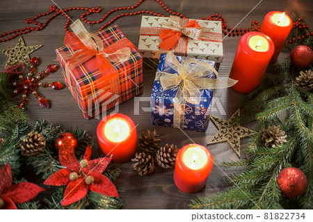 Christmas or New Year, wooden background, Xmas with season decorations 81822734