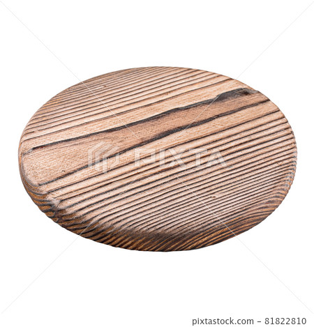 Isolated round burnt wooden serving board on white 81822810