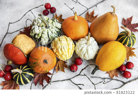 Autumn composition,  cozy fall season,  pumpkins and leaves on concrete background. 81823122