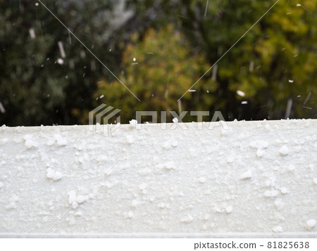 large hailstones fall on the window sill during the autumn rain 81825638