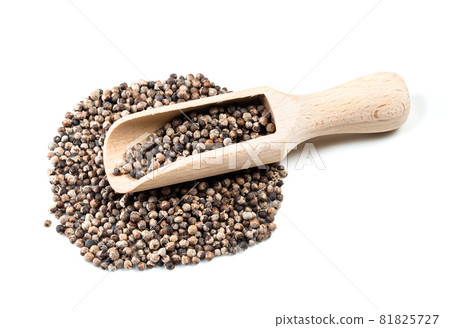wooden scoop on pile of monk's pepper (Vitex) on white background 81825727