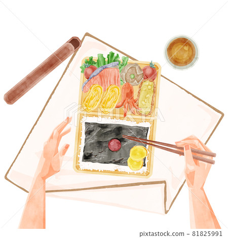午餐吃紫菜便當的手寫水彩風格插圖 81825991