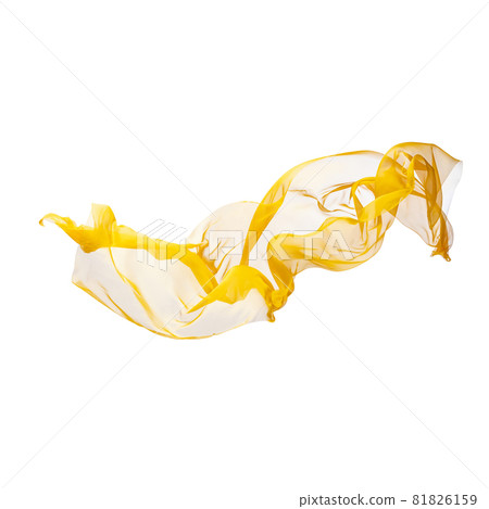 Yellow wave silk flying textile. Elegant cloth texture isolated on white studio background. Texture of flying silk fabric 81826159