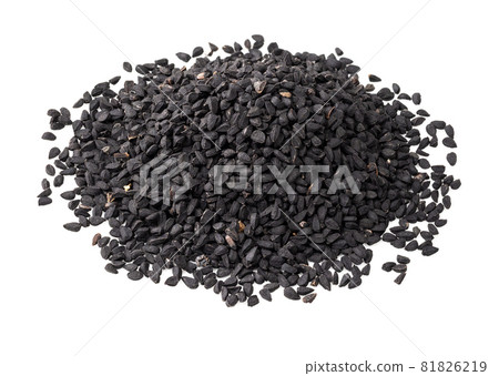 pile of Nigella sativa seeds (black caraway) closeup on white background pile of Nigella sativa seeds (black caraway) closeup on white background 81826219