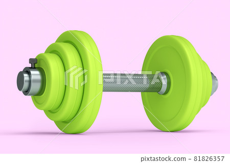 Metal dumbbell with green disks isolated on pink background 81826357
