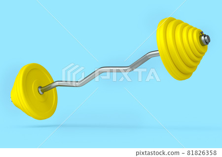 Abstract metal barbell with yellow disks shaped handle isolated on blue Abstract metal barbell with yellow disks shaped handle isolated on blue 81826358