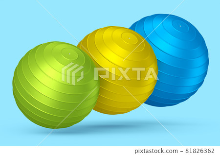Multicolor fitball or fitness ball for yoga exercise isolated blue background Multicolor fitball or fitness ball for yoga exercise isolated blue background 81826362
